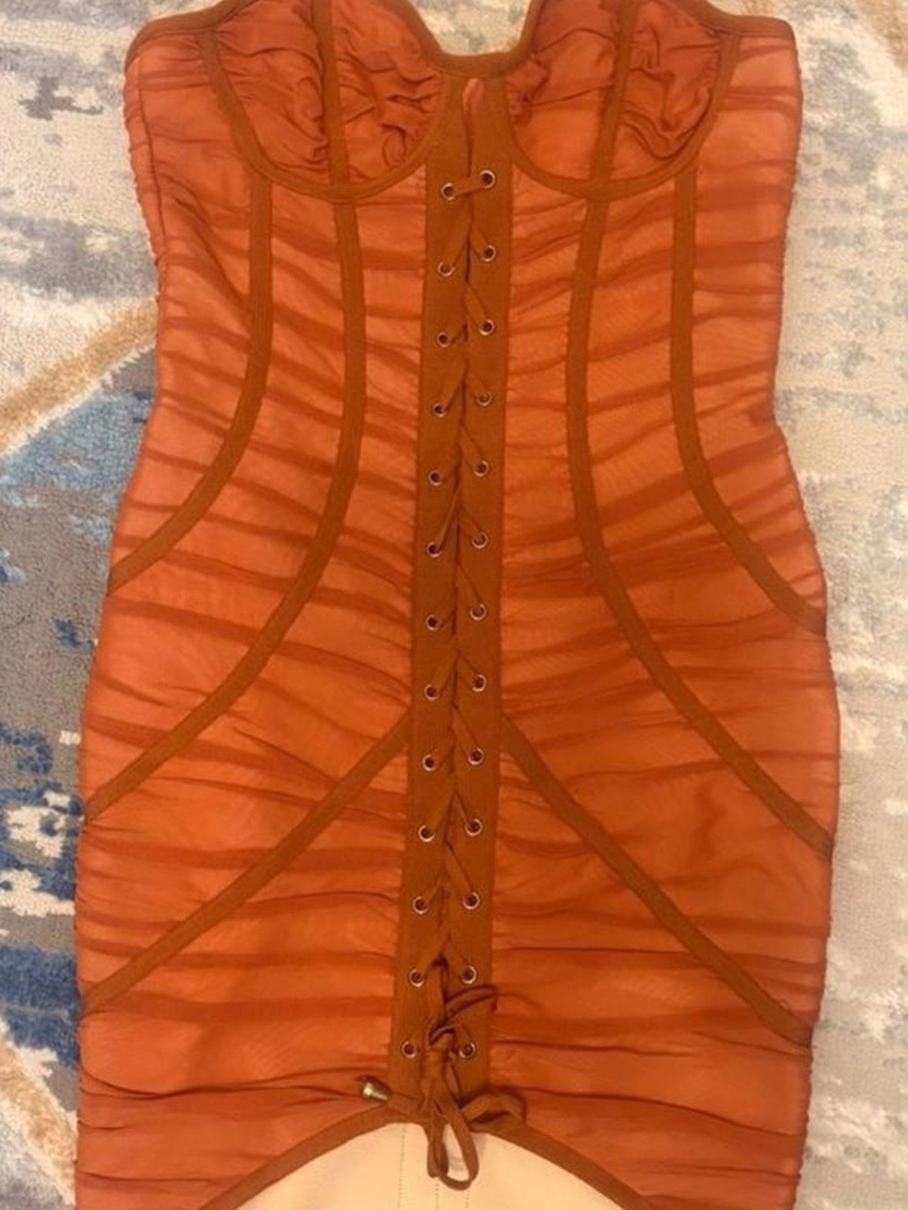 AKIRA Rust Orange Lace-Up Mesh Bodycon Mini Dress